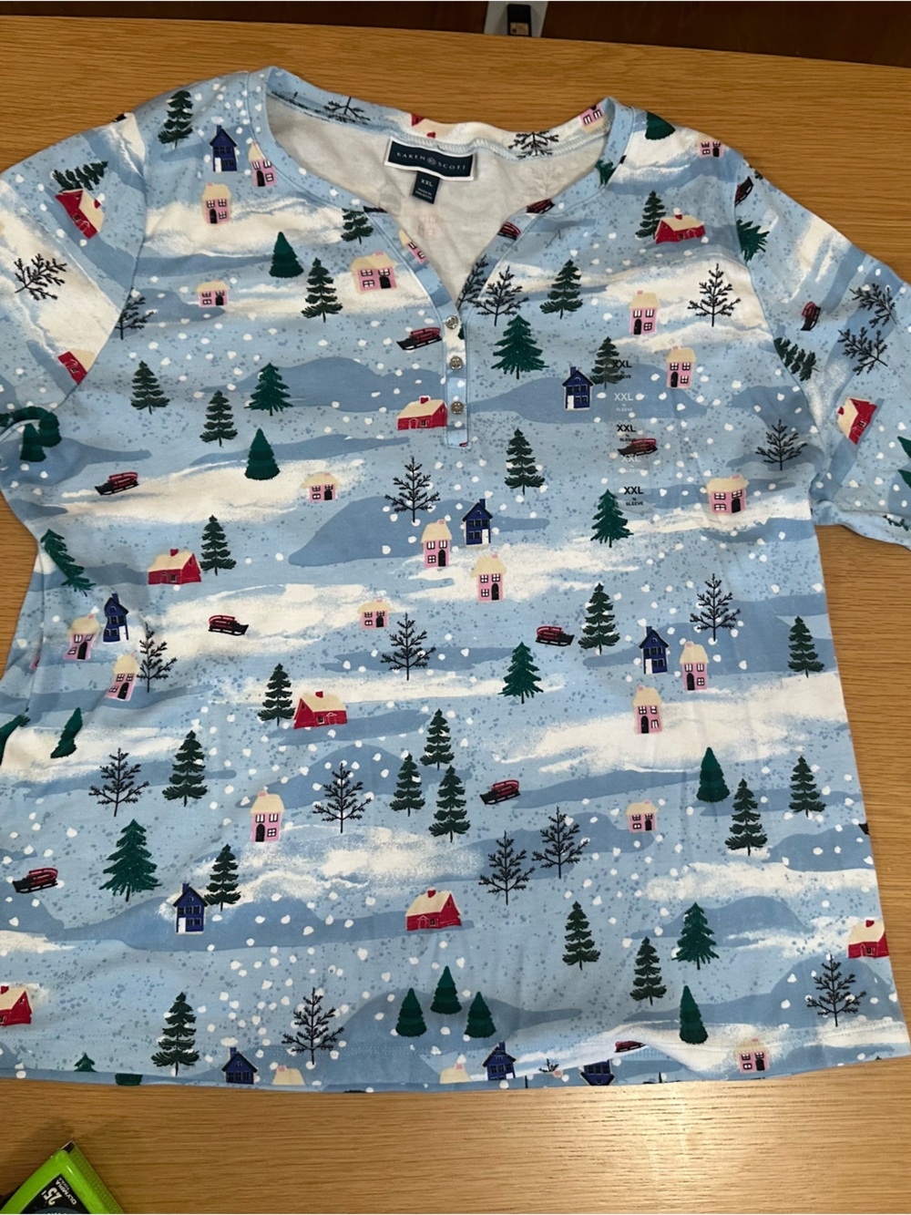 Karen Scott Light Blue Long Sleeve Holiday Henley Top